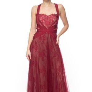 Marchesa Notte Burgundy Lace Gown